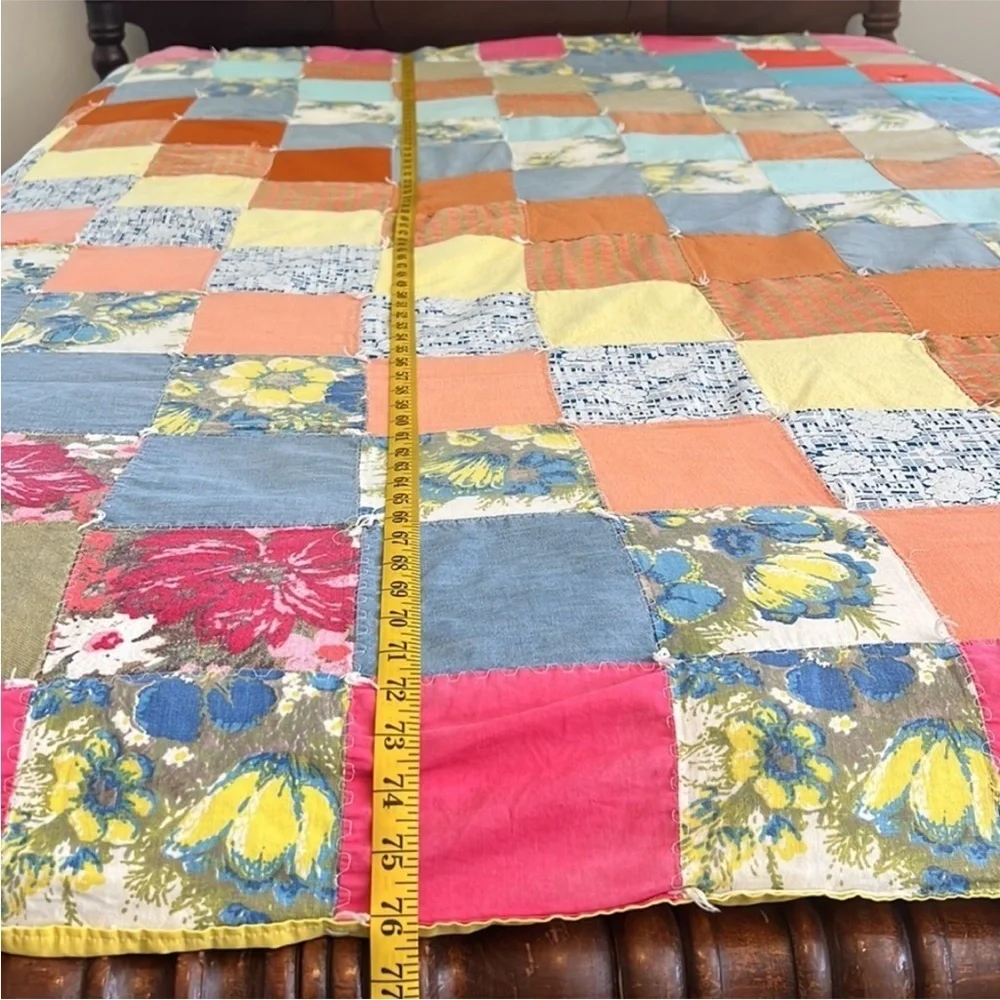 Vintage Patchwork Quilt Blanket Multi Print Throw 76” x 70” - Picture 7 of 12